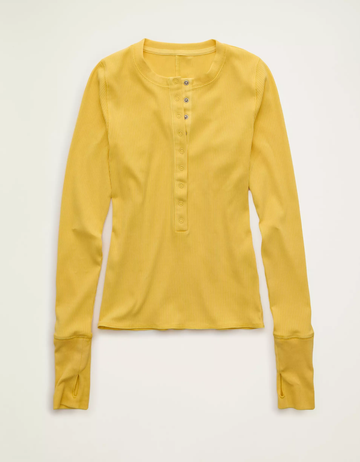 Stretchy Ribbed Snap Placket Fitted Women's Long‑Sleeve Henley T‑shirt